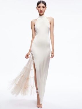 Alice + Olivia Ivory Halter Maxi Dress with Tulle Side Panel